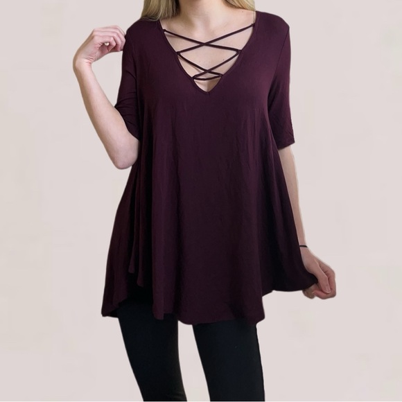 American Eagle Burgundy Short Sleeve Strappy Blouse Size Small - Picture 2 of 10